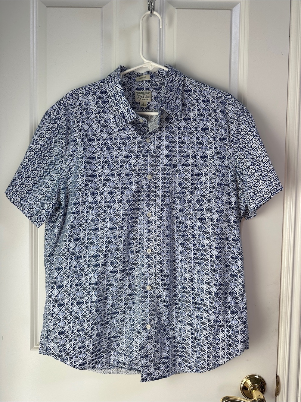 J. Crew Short-Sleeve Button-Down Shirt in Blue Geometric Print